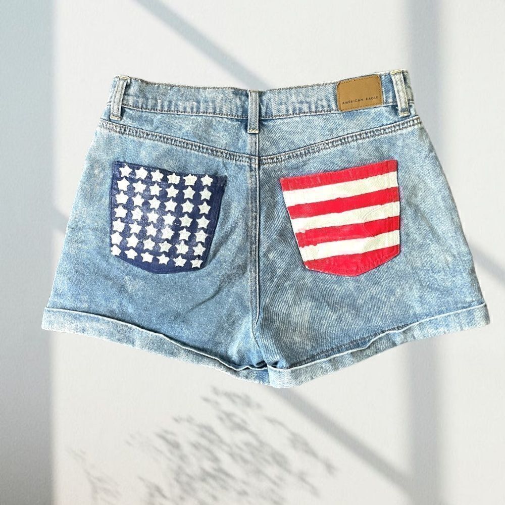 Hand Painted American Flag High Waist Denim Shorts 2 - Picture 5 of 12